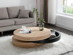 Mesa de centro redonda giratoria con 1 estante de MDF - Negro y natural claro - JANITA