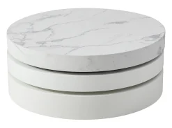 Mesa de centro redonda giratoria con 1 estante - MDF - Efecto mármol blanco - JANITA
