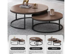 Mesa de centro redonda, juego de 2 mesas de centro, mesas auxiliares nido, madera y metal, diseño moderno, color nogal marrón.