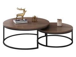 Mesa de centro redonda, juego de 2 mesas de centro, mesas auxiliares nido, madera y metal, diseño moderno, color nogal marrón.