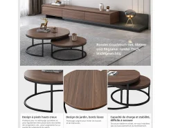Mesa de centro redonda, juego de 2 mesas de centro, mesas auxiliares nido, madera y metal, diseño moderno, color nogal marrón.