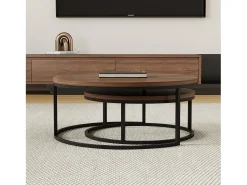Mesa de centro redonda, juego de 2 mesas de centro, mesas auxiliares nido, madera y metal, diseño moderno, color nogal marrón.
