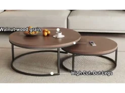 Mesa de centro redonda, juego de 2 mesas de centro, mesas auxiliares nido, madera y metal, diseño moderno, color nogal marrón.