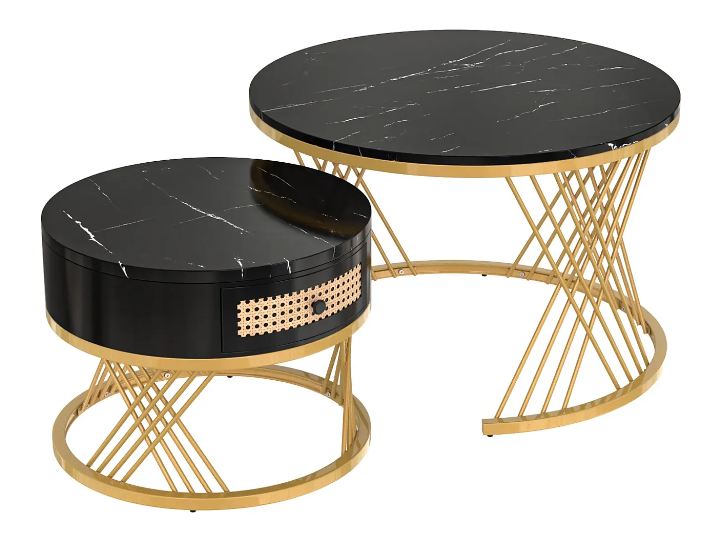 Mesa de centro redonda nido con cajón - Diseño de mármol negro - Patas de metal dorado