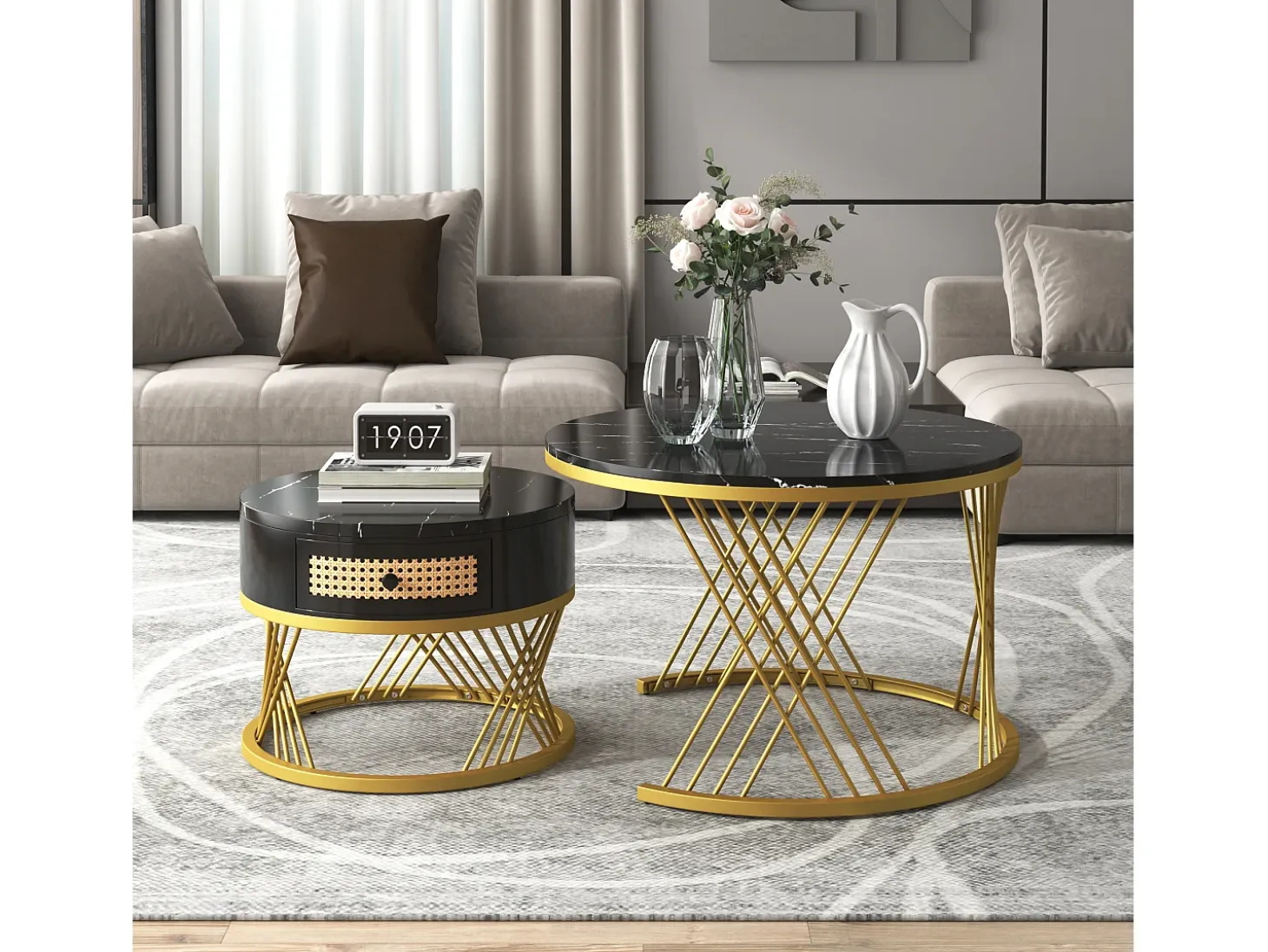 Mesa de centro redonda nido con cajón - Diseño de mármol negro - Patas de metal dorado