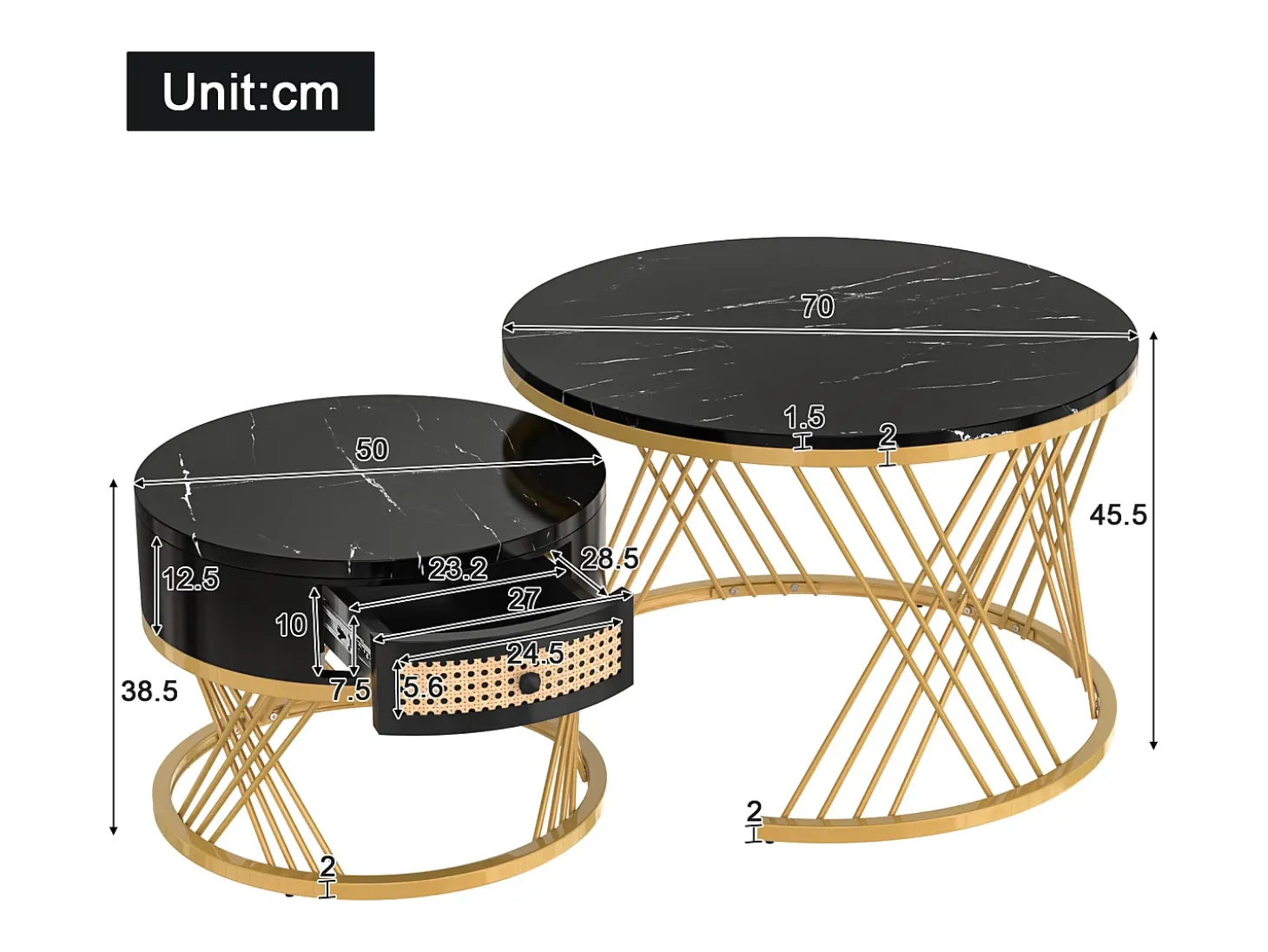 Mesa de centro redonda nido con cajón - Diseño de mármol negro - Patas de metal dorado
