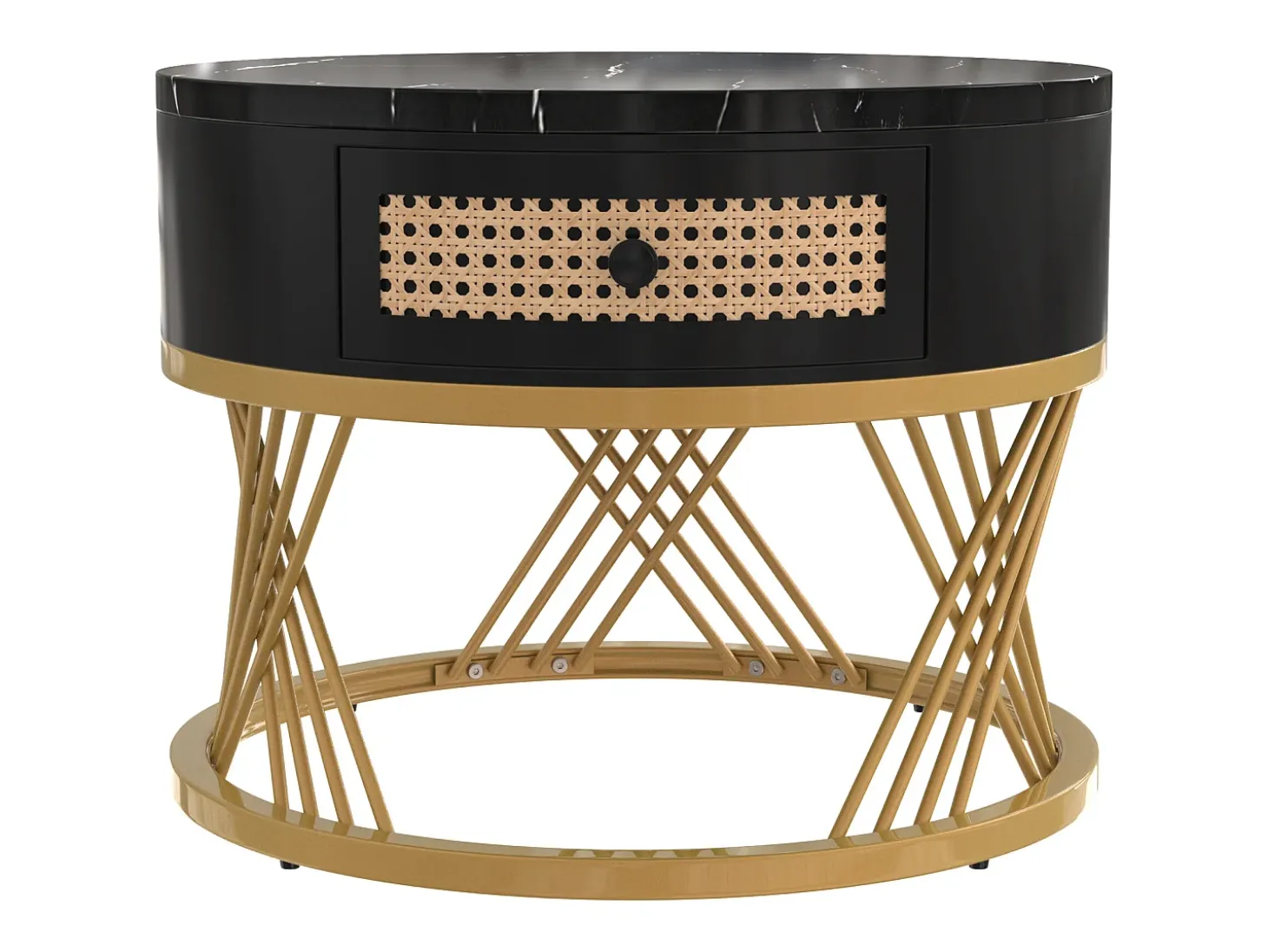Mesa de centro redonda nido con cajón - Diseño de mármol negro - Patas de metal dorado