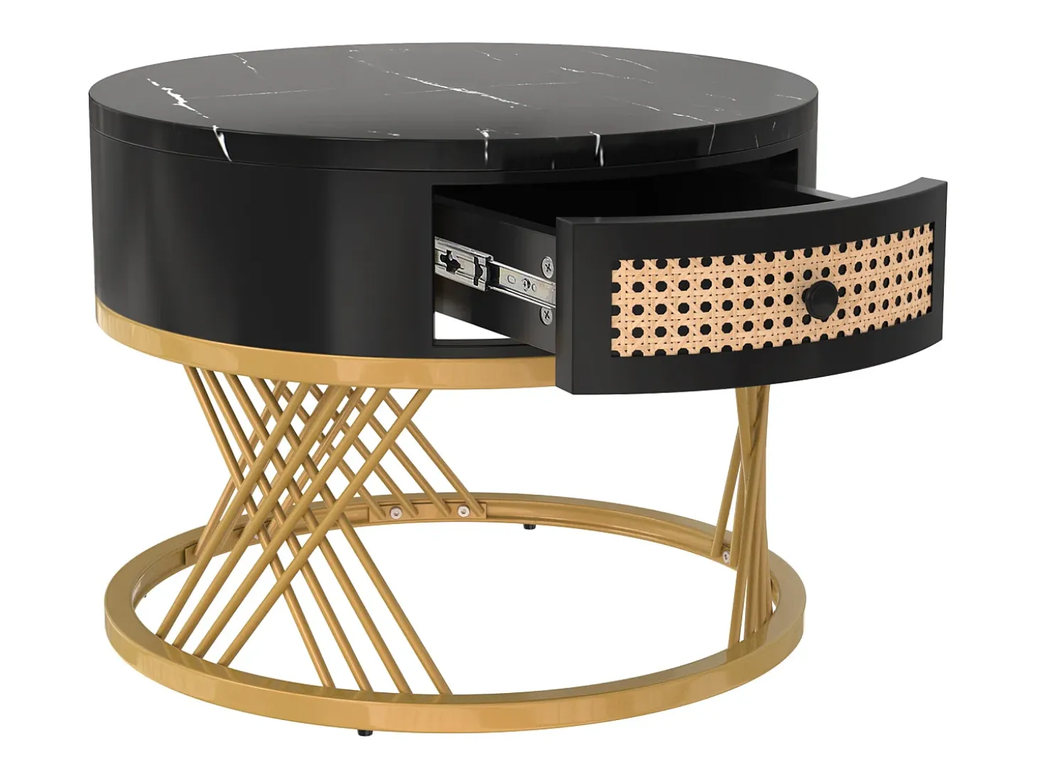 Mesa de centro redonda nido con cajón - Diseño de mármol negro - Patas de metal dorado