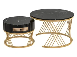 Mesa de centro redonda nido con cajón - Diseño de mármol negro - Patas de metal dorado