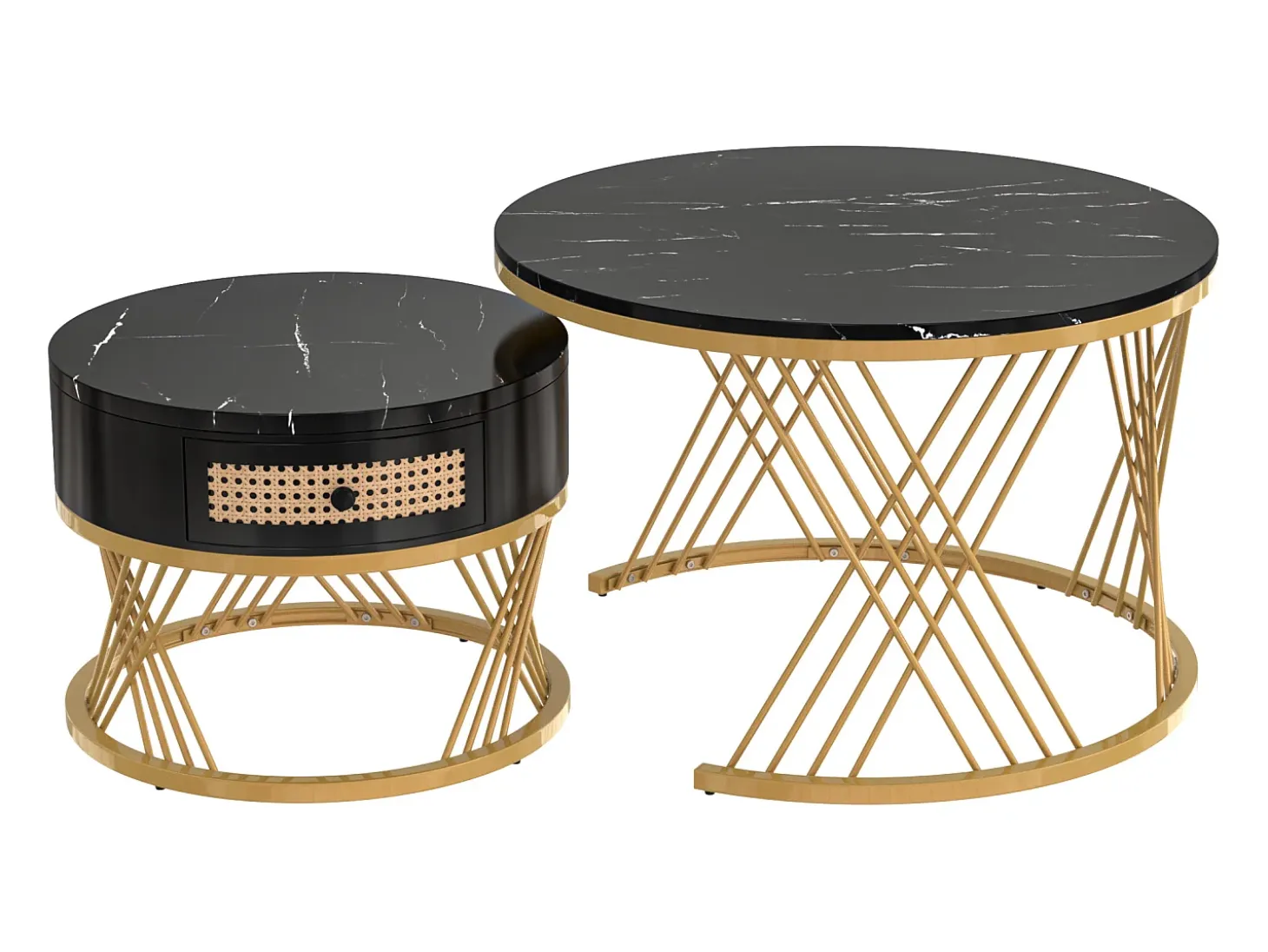 Mesa de centro redonda nido con cajón - Diseño de mármol negro - Patas de metal dorado