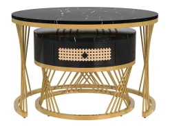 Mesa de centro redonda nido con cajón - Diseño de mármol negro - Patas de metal dorado