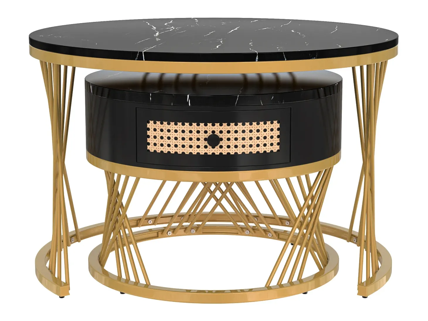 Mesa de centro redonda nido con cajón - Diseño de mármol negro - Patas de metal dorado