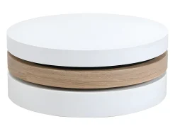 Mesa de centro redonda y pivotante - 3 tableros - MDF - Color: blanco y roble. JANITA