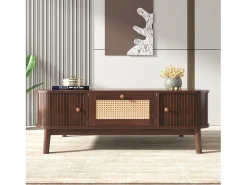 Mesa de centro 110x55cm chapada en nogal con ratán, gran espacio de almacenaje, Natural Oscuro