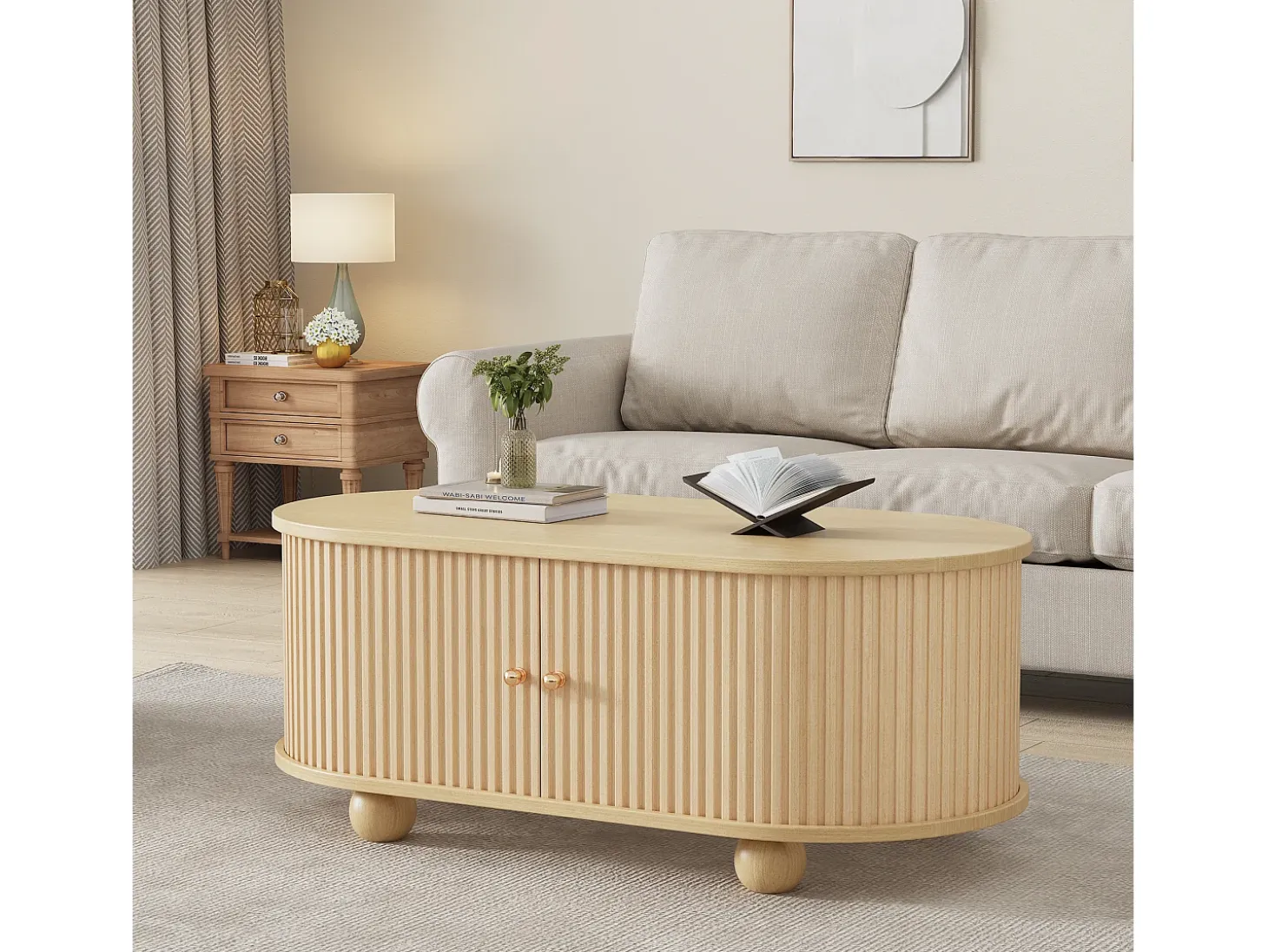 Mesa de centro 100x50x40 cm - con almacenamiento - con puertas correderas - natural