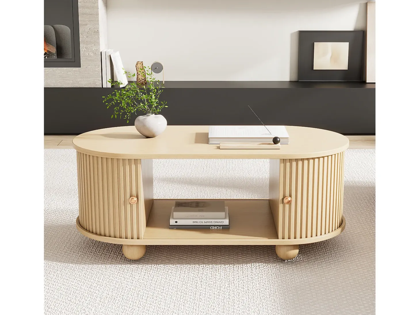 Mesa de centro 100x50x40 cm - con almacenamiento - con puertas correderas - natural