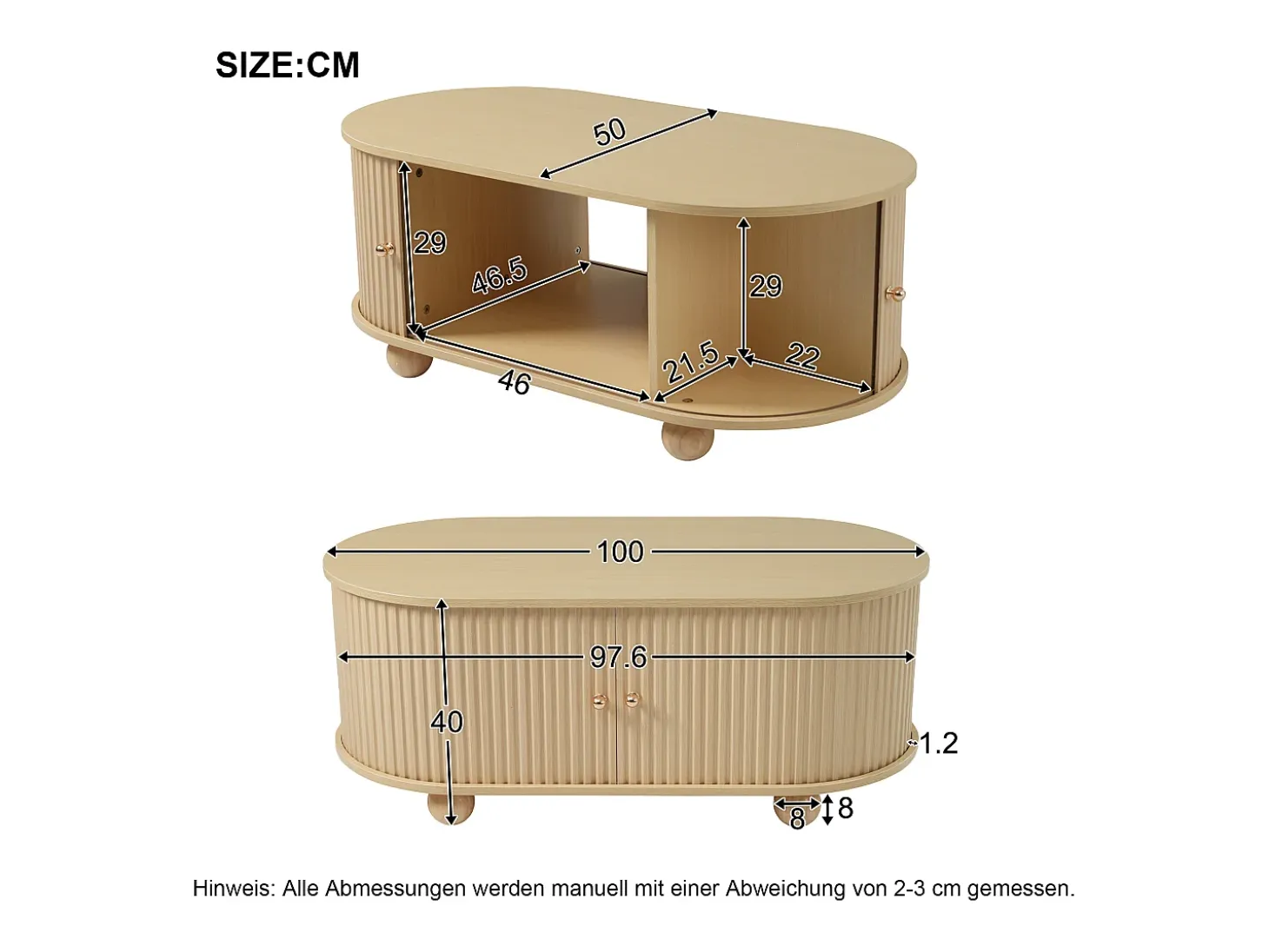 Mesa de centro 100x50x40 cm - con almacenamiento - con puertas correderas - natural