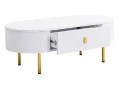 Mesa de centro 108x50x40 cm - con 2 cajones - tiradores y patas doradas - blanco