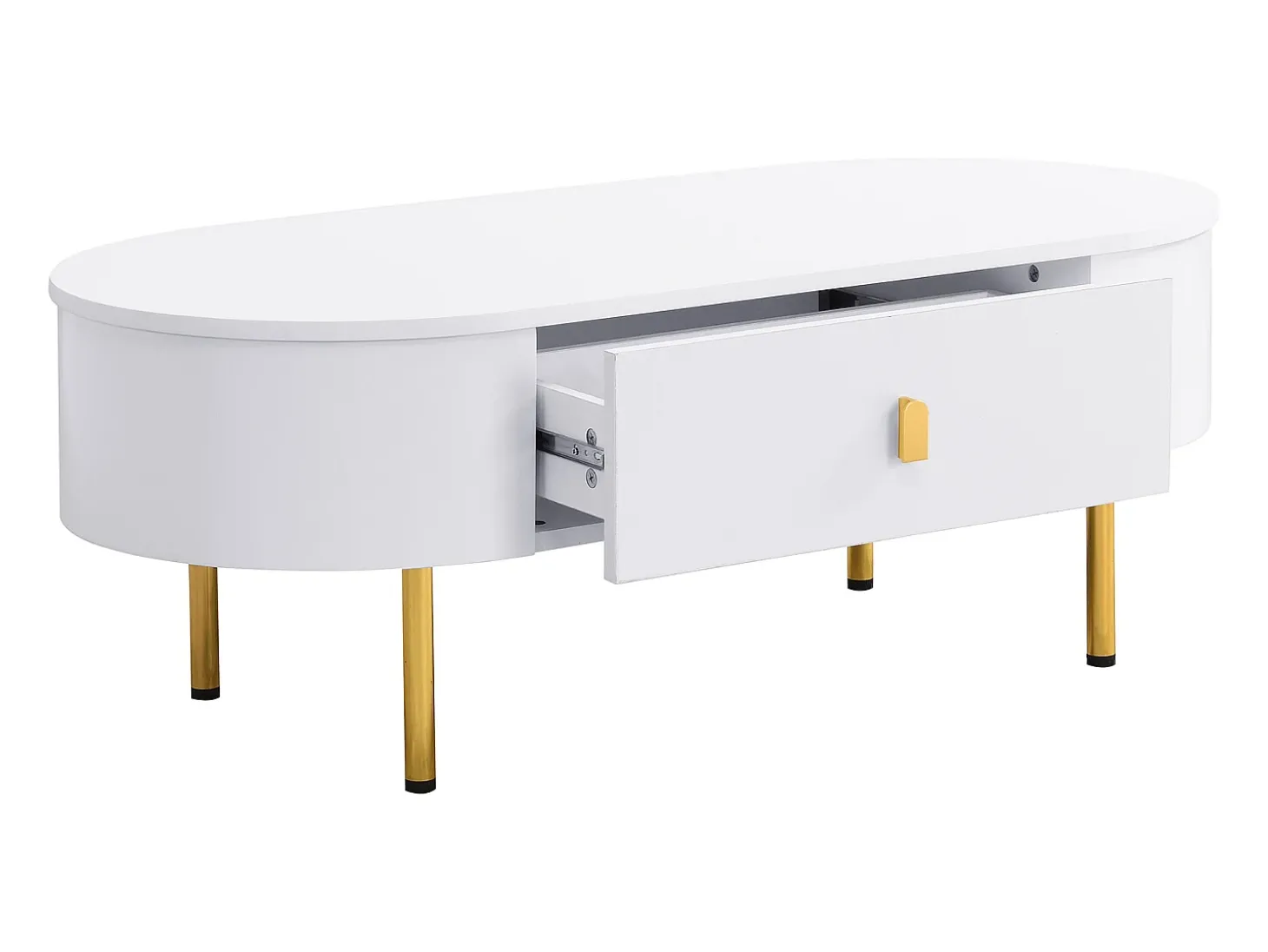 Mesa de centro 108x50x40 cm - con 2 cajones - tiradores y patas doradas - blanco