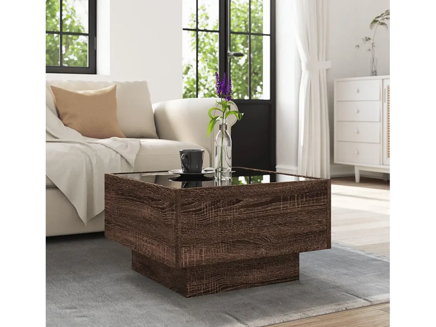 Mesa de centro y LED madera ingeniería marrón roble 50x50x30 cm