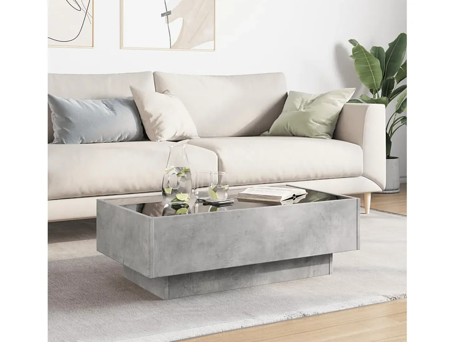 Mesa de centro y LED madera ingeniería gris hormigón 90x50x30cm