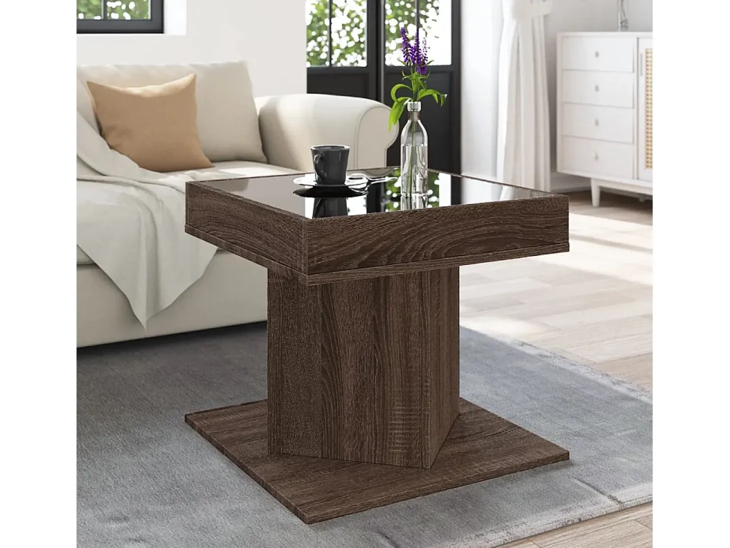 Mesa de centro y LED madera ingeniería marrón roble 50x50x45 cm