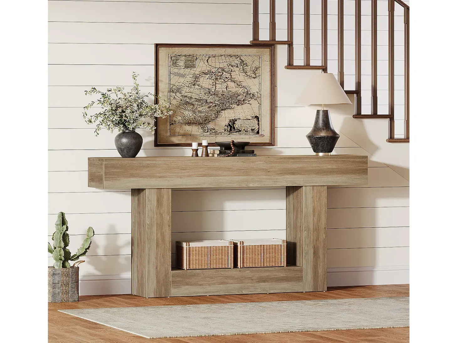 Mesa de consola 160 cm, mesa de entrada de 2 niveles estilo casco rural, mesa de sofá detrás del sofá, color gris