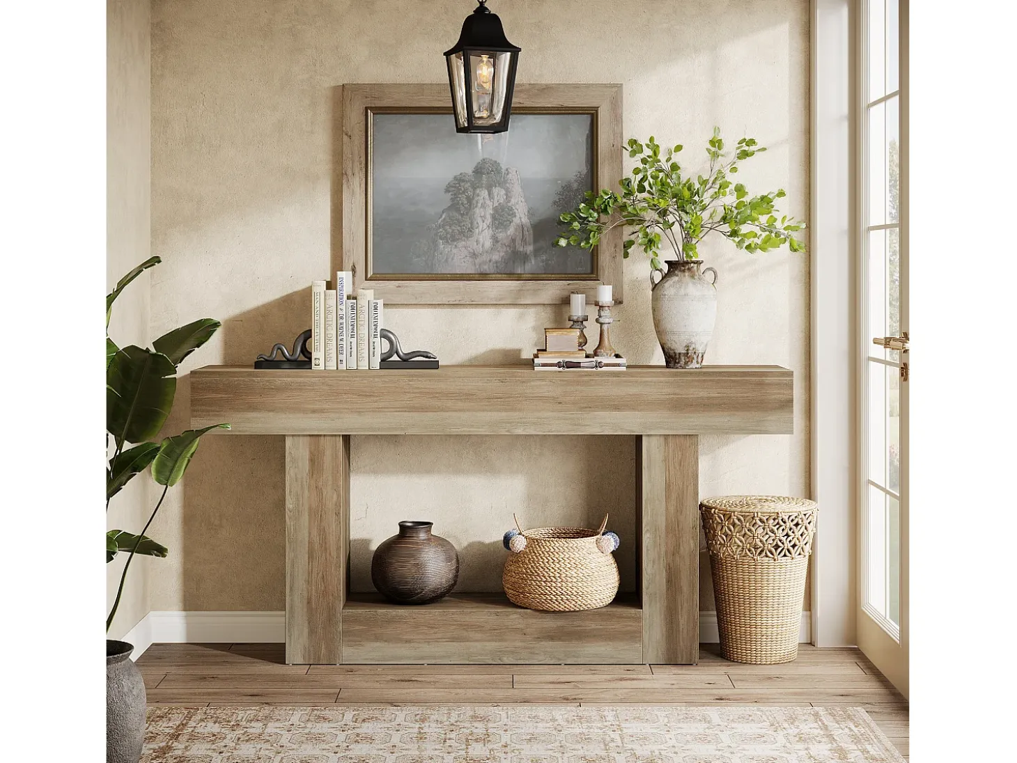 Mesa de consola 160 cm, mesa de entrada de 2 niveles estilo casco rural, mesa de sofá detrás del sofá, color gris