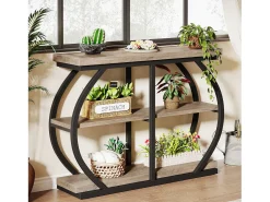 Mesa de consola 105 cm, mesa de entrada industrial de 3 niveles con marco de metal arqueado y estantes de almacenamiento