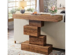 Mesa de consola, 108 cm. Mesa de sofá de madera estrecha detrás del sofá con base geométrica, mesa de entrada industrial, marrón rústico.
