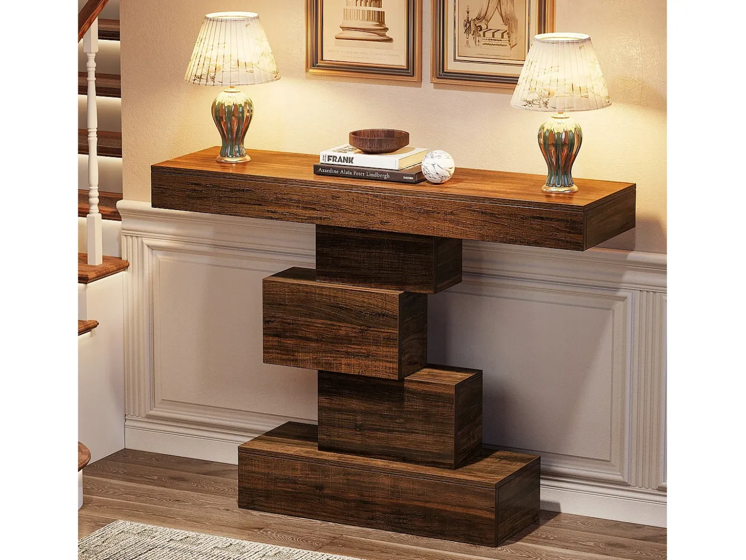 Mesa de consola, 108 cm. Mesa de sofá de madera estrecha detrás del sofá con base geométrica, mesa de entrada industrial, marrón rústico.