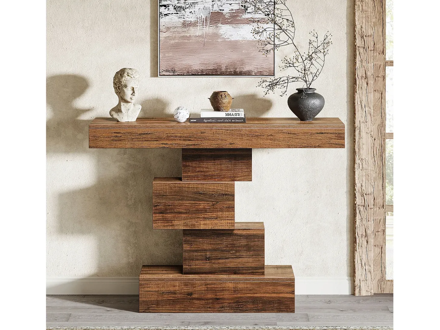 Mesa de consola, 108 cm. Mesa de sofá de madera estrecha detrás del sofá con base geométrica, mesa de entrada industrial, marrón rústico.