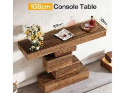 Mesa de consola, 108 cm. Mesa de sofá de madera estrecha detrás del sofá con base geométrica, mesa de entrada industrial, marrón rústico.
