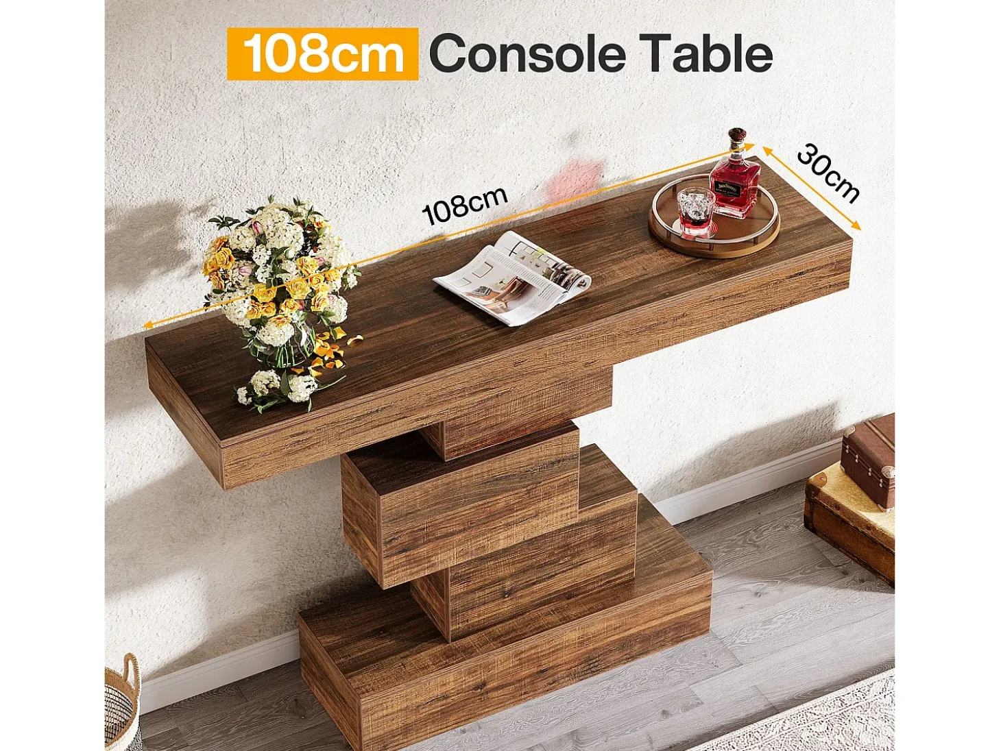 Mesa de consola, 108 cm. Mesa de sofá de madera estrecha detrás del sofá con base geométrica, mesa de entrada industrial, marrón rústico.