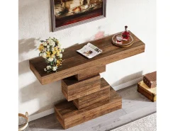 Mesa de consola, 108 cm. Mesa de sofá de madera estrecha detrás del sofá con base geométrica, mesa de entrada industrial, marrón rústico.
