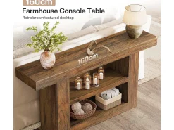 Mesa de consola con almacenamiento, mesa de entrada rústica de 3 niveles con base en forma de U, 160 cm