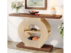 Mesa de consola de 100 cm con almacenamiento - Mesa de entrada de madera para el salón, con estanterías y base circular