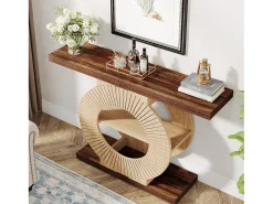 Mesa de consola de 100 cm con almacenamiento - Mesa de entrada de madera para el salón, con estanterías y base circular
