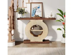 Mesa de consola de 100 cm con almacenamiento - Mesa de entrada de madera para el salón, con estanterías y base circular