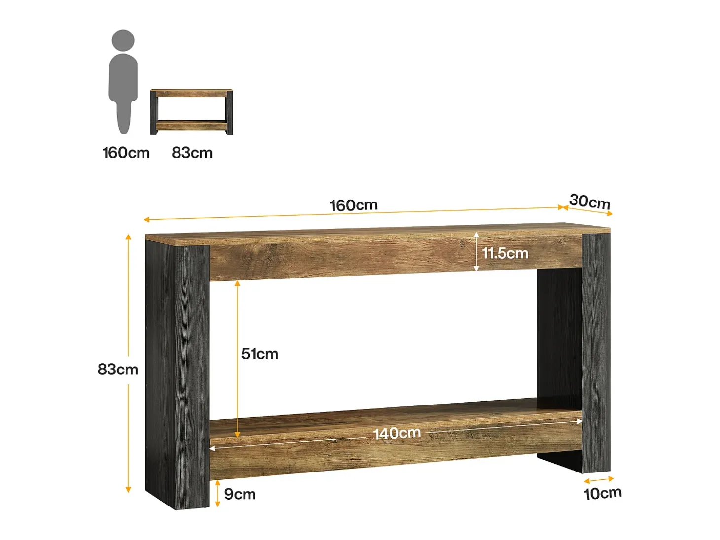 Mesa de consola de 160 cm de largo para la entrada, Mesa de entrada de madera rústica para el salón