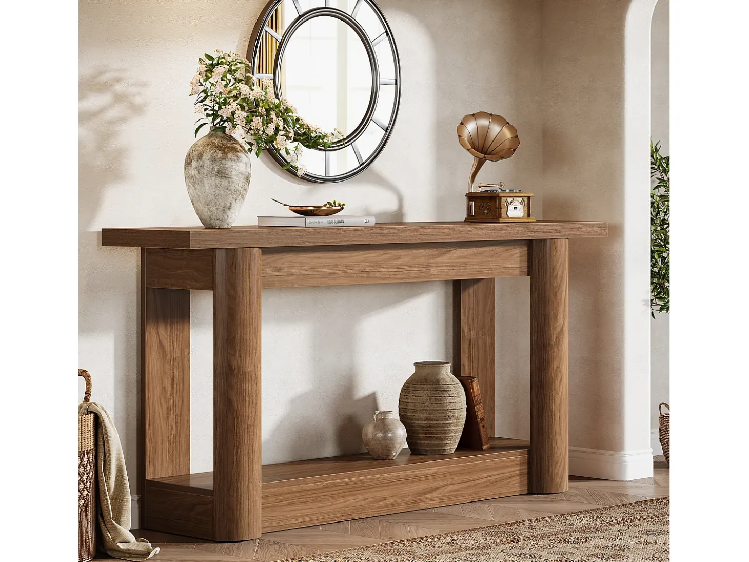 Mesa de consola de 160 cm, de dos niveles de longitud, mesa de pasillo con espacio de almacenamiento, de color marrón rústico