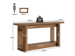 Mesa de consola de 160 cm, de dos niveles de longitud, mesa de pasillo con espacio de almacenamiento, de color marrón rústico