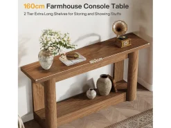Mesa de consola de 160 cm, de dos niveles de longitud, mesa de pasillo con espacio de almacenamiento, de color marrón rústico