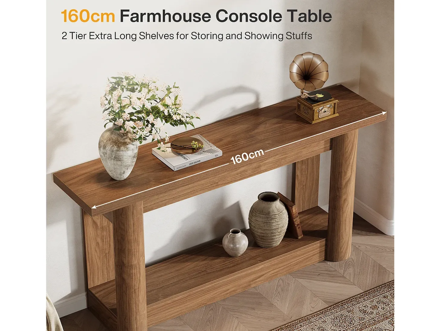 Mesa de consola de 160 cm, de dos niveles de longitud, mesa de pasillo con espacio de almacenamiento, de color marrón rústico