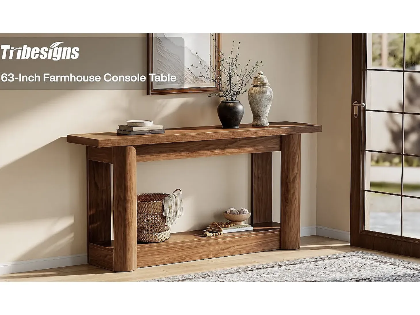 Mesa de consola de 160 cm, de dos niveles de longitud, mesa de pasillo con espacio de almacenamiento, de color marrón rústico