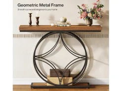 Mesa de consola de 120 cm, mesa para sofá industrial de dos niveles con marco metálico geométrico, mesas estrechas de decoración para el vestíbulo