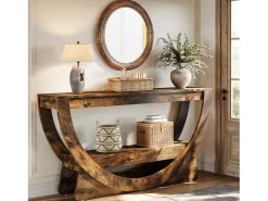 Mesa de Consola de 160 cm, Mesa de entrada industrial de dos tableros con estantes de almacenamiento