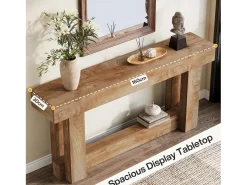 Mesa de consola de 160 cm, mesa de entrada de dos niveles, mesa auxiliar rectangular de madera detrás del sofá
