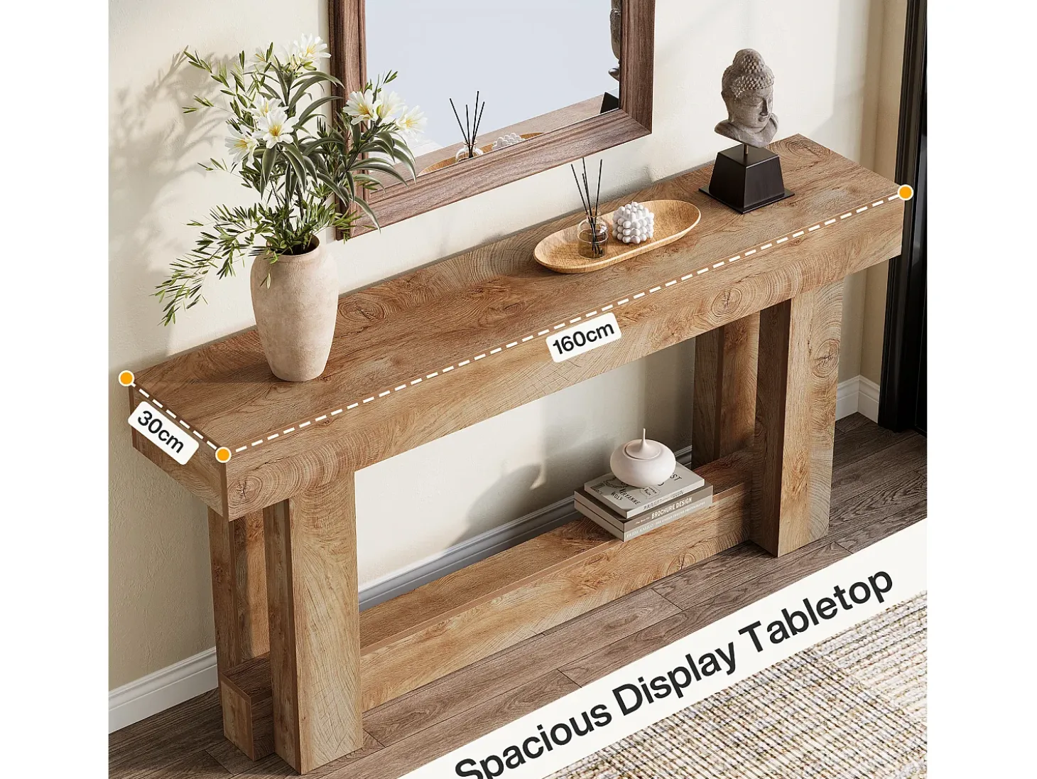 Mesa de consola de 160 cm, mesa de entrada de dos niveles, mesa auxiliar rectangular de madera detrás del sofá
