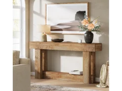 Mesa de consola de 160 cm, mesa de entrada de dos niveles, mesa auxiliar rectangular de madera detrás del sofá